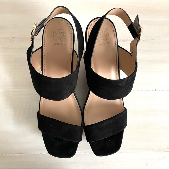 Tory Burch Loretta Platform Wedge Sandals Black Lancaster Suede Square Size 10.5 - Picture 5 of 10